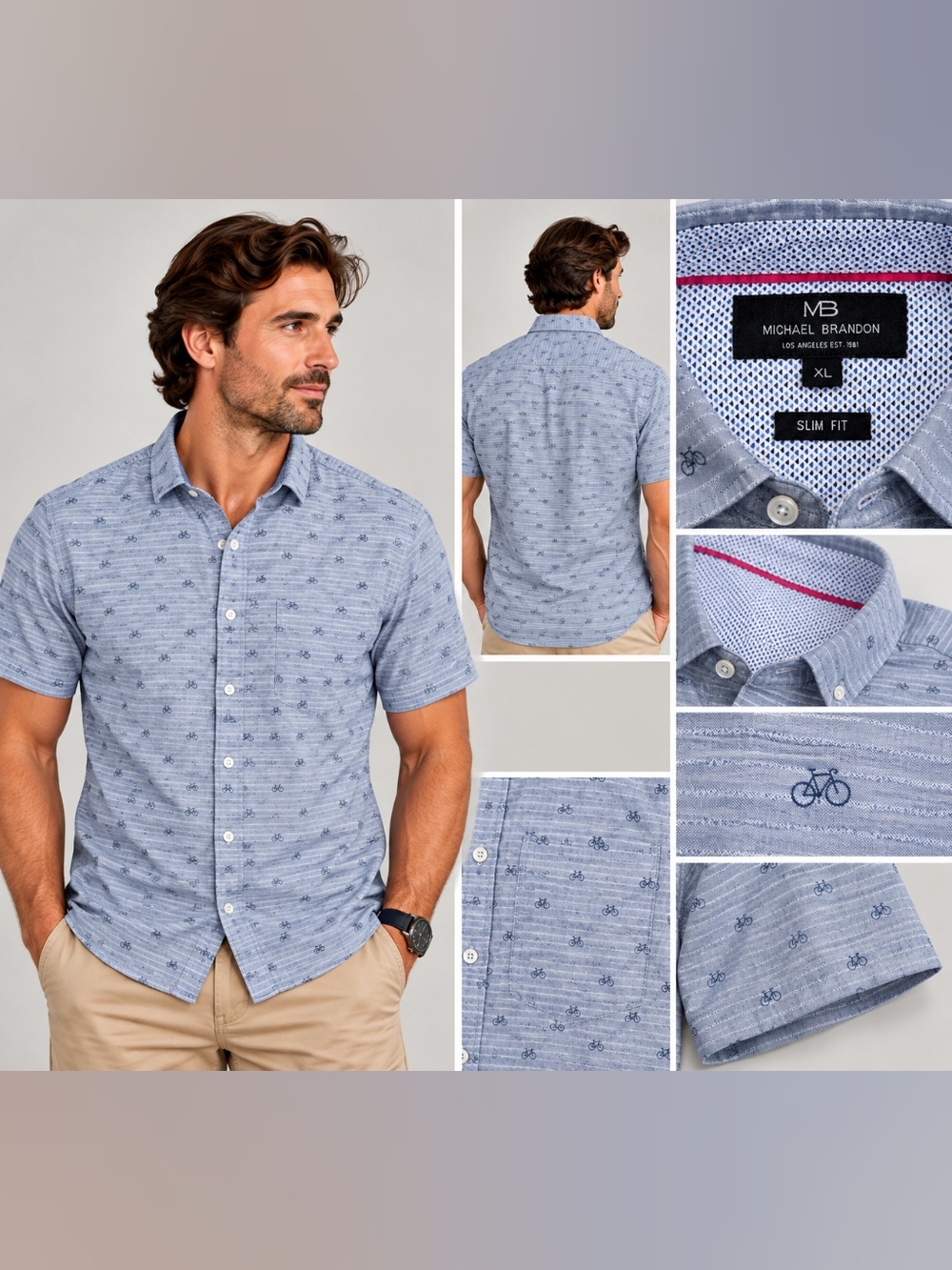 Michael Brandon Men’s Bicycle Print Short Sleeve Shirt – XL Slim Fit